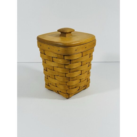 Longaberger 1997 Small Spoon Basket Brown With Woodcrafts Knob Lid 6” Vintage - Picture 2 of 10